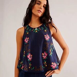 Free People Navy Embroidered Top